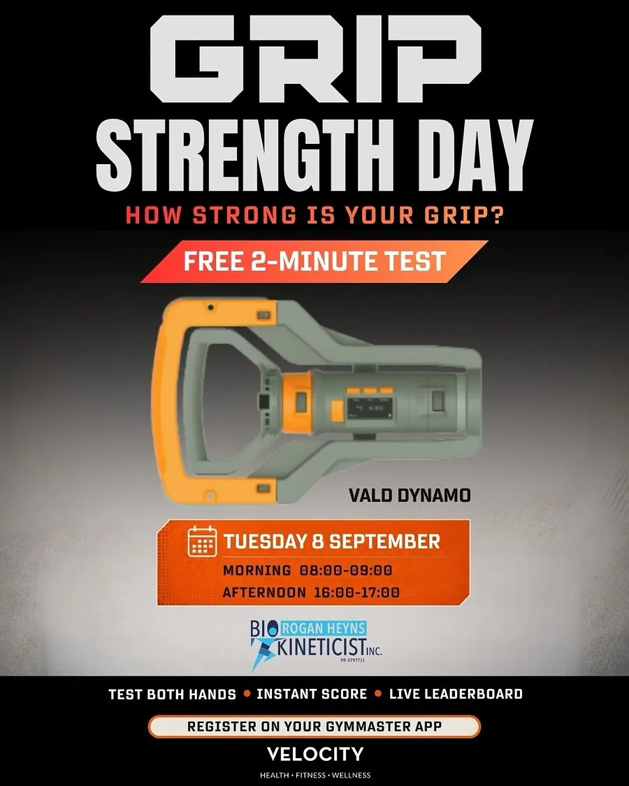 Grip Strength Day poster: a free two-minute grip test on the VALD DynaMo